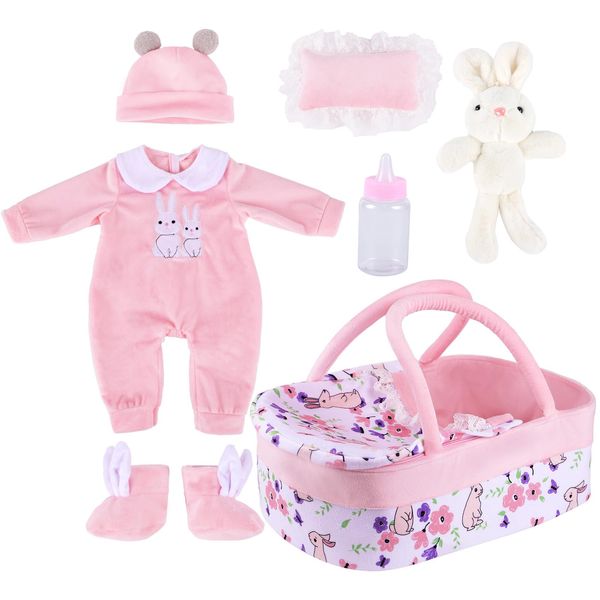 BABESIDE 8 Pcs Reborn Baby Doll Clothes with Bassinet for 17-22 Inch Baby Dolls, Baby Dolls Clothes Doll Accessories Set with Bunny Toy for Newborn Baby Doll Girl