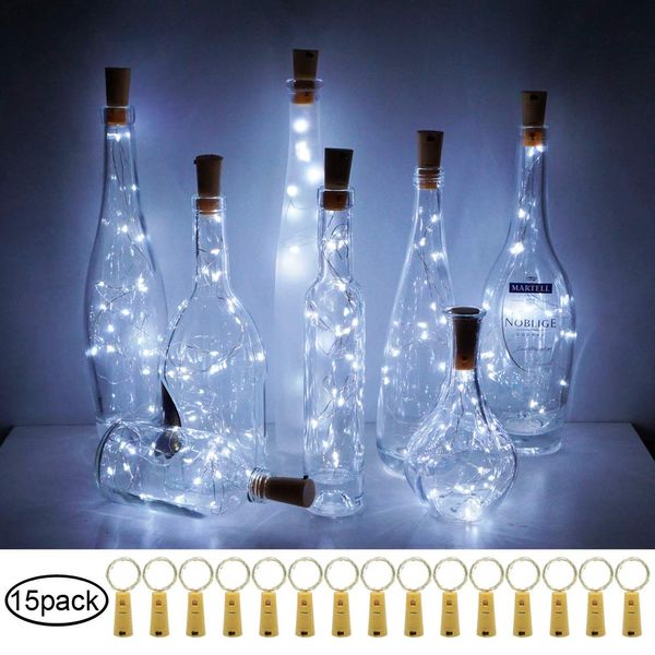 Wine Bottle Cork Lights, 15 Pack 20 LED Battery Operated Wine Bottle Lights Waterproof Fairy Copper Wire Mini String Lights for DIY, Christmas, Wedding Decor(Cold White)