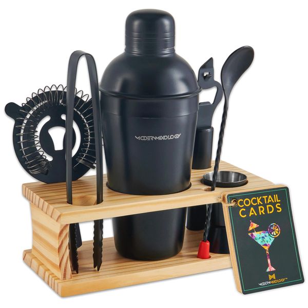 Mixology Bartender Kit - 8-Piece Black Matte Cocktail Shaker Set with Pine Wood Stand, Recipe Cards, and Bar Accessories Ideas