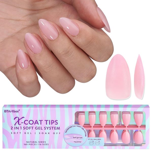 BTArtbox XCOATTIPS Natural Nail Tips -Short Almond Press On Nails Pink, Long Lasting Soft Gel Nails False Nail, Soak Off Acrylic Fake Nails Extensions for Nail Art DIY Spring Gifts