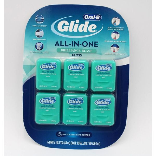 Oral-B Glide "All in One" Brilliance Blast ~ Mint Flavor ~ Dental Floss ~ 6 Pack