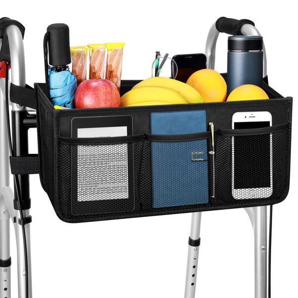 Upgrade Dotday Walker Basket Walker Bag Water Cup Holder, Foldable Walker Storage Bag with Big Capacity & Never Tipping Over, Best Gift for Family - Black (Not Fit Rollator Walkers)