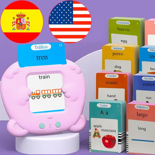 KILOGOGRAPH English & Spanish Talking Flash Cards for Kids - Bilingual Pocket Speech for Toddlers 3-12, 510 Sight Words of 31 Themes, Autism Sensory Toys, Tarjetas Parlantes Bilingües Espanol (Pink)