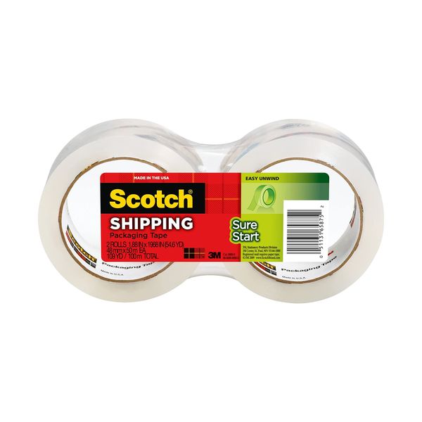 Scotch Sure Start Shipping Packaging Tape, 1.88" x 54.6 yd, Designed for Packing, Shipping and Mailing, Quiet Unwind, No Splitting or Tearing, 3" Core, Clear, 2 Rolls (3450-2)