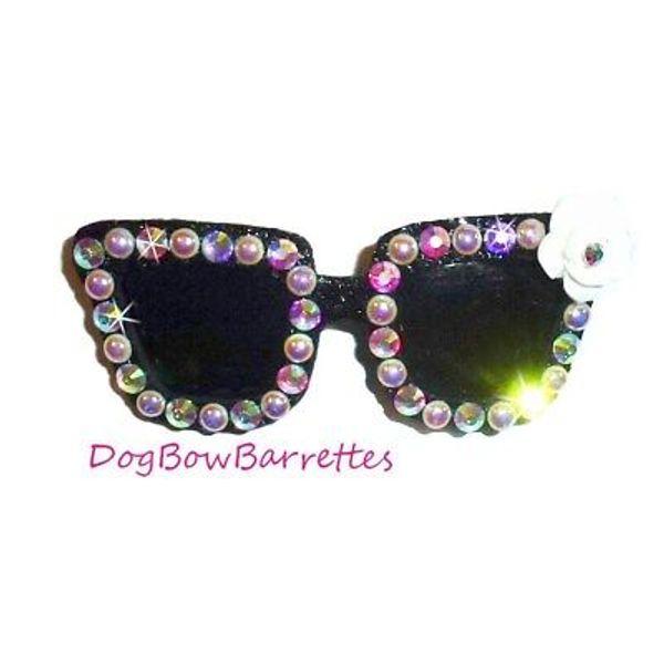 Puppy bows specialty black ab rhinestone sunglasses pet bow hair clip (FB177)