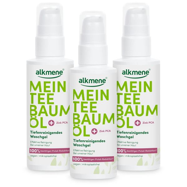 alkmene Mein Teebaumöl Waschgel Gesicht 3x 150 ml Pickel Reduktion 100% bestätigt - naturreines Teebaumöl, vegan & klimaneutral - Gesichtsreinigung für unreine Haut, Reinigungsgel Gesichtswaschgel