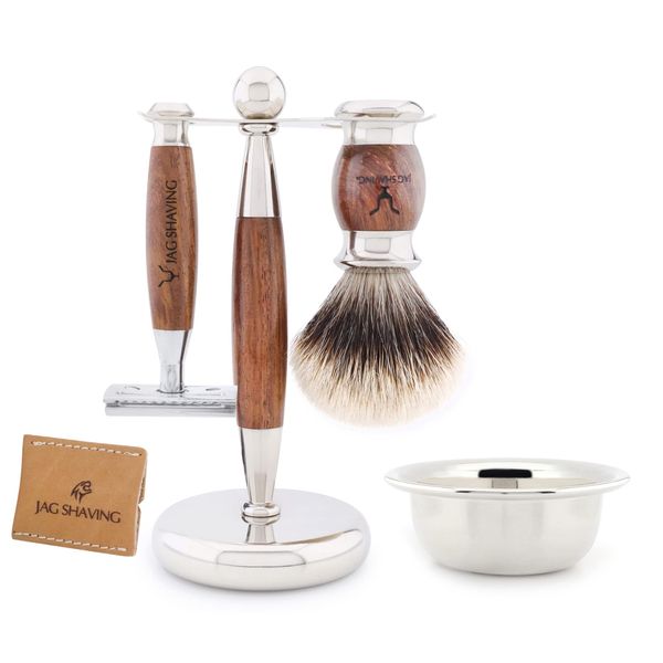 Jag Shaving Set - JAG's LEE Range 5-Piece Shaving Set - Silver-Tip Badger Hair Shaving Brush - Double Edge Safety Razor - Shaving Stand - Leather Bag for Safety Razor - Shaving Bowl - Wood Set