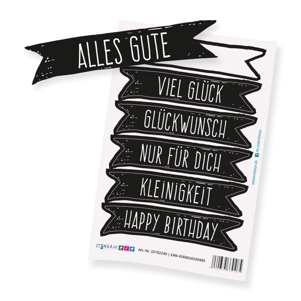 itenga Stickerbogen Mix 6x Sticker "Alles Gute", "Viel Glück", "Glückwunsch", "Nur für dich", "Kleinigkeit", "Happy Birthday" schwarz weiß