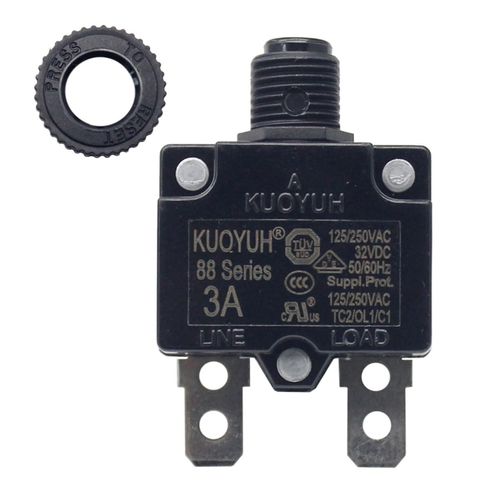 KUOYUH USA 3 Amp 88 Series Quick Connect Terminals Push-to-Reset Thermal Circuit Breaker with Transparent Waterproof Button Dust Cover (1 Pack)