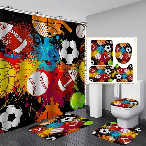 Jayden Madge 4PCS Cartoon Sports Shower Curtain Set, Colorful Graffiti Splash Paint Hip Hop Basketball Soccer Baseball Tennis Volleyball American Football Bathroom Decor, Non-slip Bath Mat, Ball Games