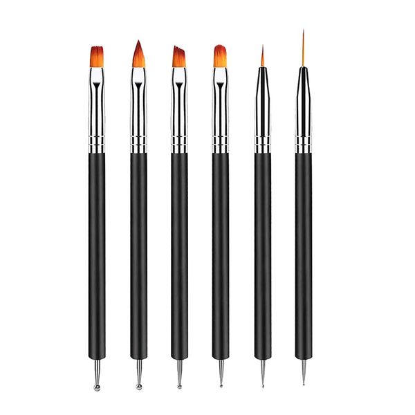 YPYMOD 6pcs Doubel Ended Nail Art Brushes, Point Drill Drawing Painting Tools Set for DIY Nail Art Designs, Gel Polish Nail Designs Nail Carving French Nails (Black)