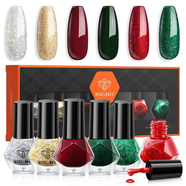 Modelones Nail Polish Set 6 Colors Christmas Red Green Glitter Nail Polish Quick Dry Nail Varnish Gold Silver Nail Polish Manicure DIY Nail Art Salon Home For Women