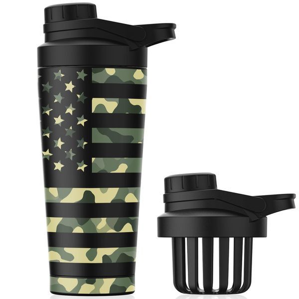 Stainless Steel Shaker Bottle with Noise-Free Design - Patented 24 oz Insulated Metal Shakers Bottles Cup for Protein Mixes and Pre Workout 100% Leak Proof (Camouflage Flag)