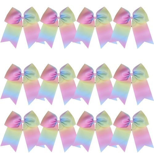 8 Inch Cheerleader Bows Ponytail Holder Cheerleading Hair Tie (Light Rainbow)