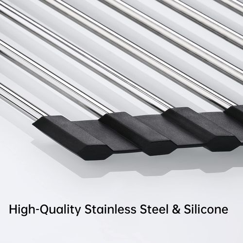 Tomorotec Foldable Stainless Steel Triangle Roll-Up Dish Drying Rack for Small Sink Corners - Over-The-Sink Multipurpose Kitchen Drainer, Rustproof Organizer, Trivet and Shelf - Space-Saving (Black)