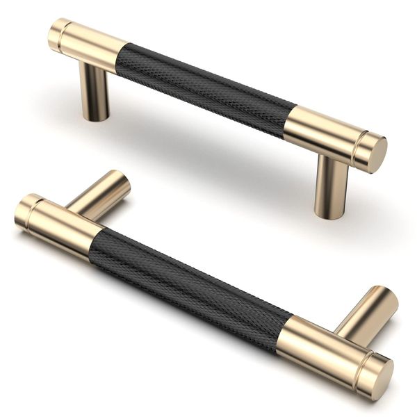 FURNIWARE 10 Pack Cabinet Handles,3.75"/96MM Hole Center Gold and Black Kitchen Cabinet Pulls Aluminum Handles Knurled Modern Hardware Drawer Pulls Oxidation Finish with Diamond Pattern