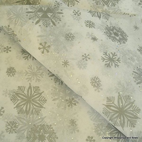 Sparkly Glitter Tissue Wrapping Paper White & Silver Christmas Snowflakes. 10 Sheets