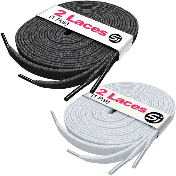 S&J Flat Shoelaces for Trainers Converse Air Force 1 Replacement Sneaker Laces for Sport and Casual Shoe's Durable Unisex Shoelaces for Kids & Adults 8mm width 120mm length 2 Pair's (White & Black)