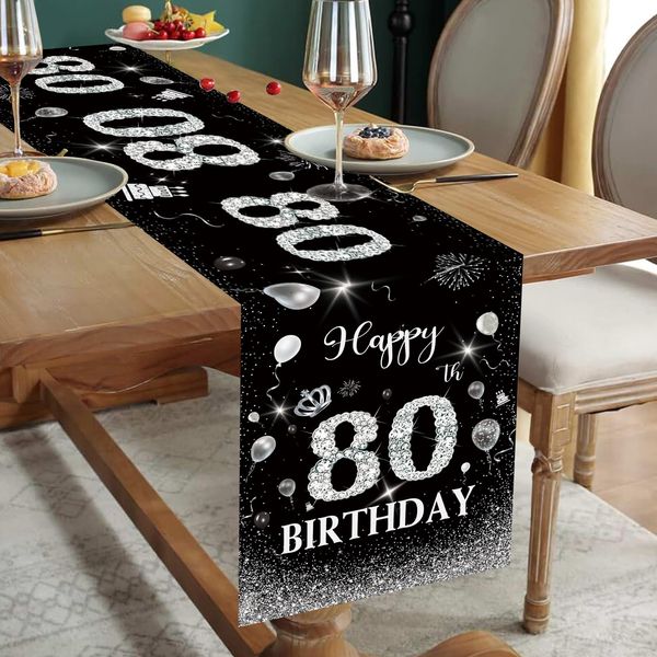 Happy 80th Birthday Table Runner Black Silver 80th Birthday Table Runner for Men Women Him Her 80 Years Old Birthday Celebration Party Decorations Non-Slip Dining Table Linen Cloth Decor 180x35cm Long