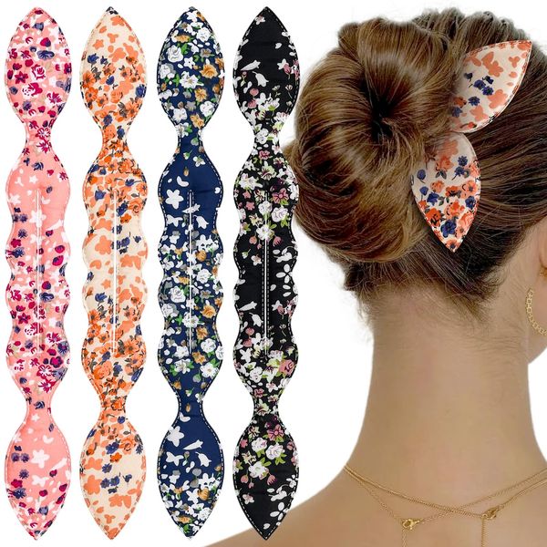 4 Pcs Deft Hair Bun Maker French Twist Donut Hair Bun Rabbit Ear Bun Twister Flower Flexible Donut Quick Hair Styling Accessories for Women Girls