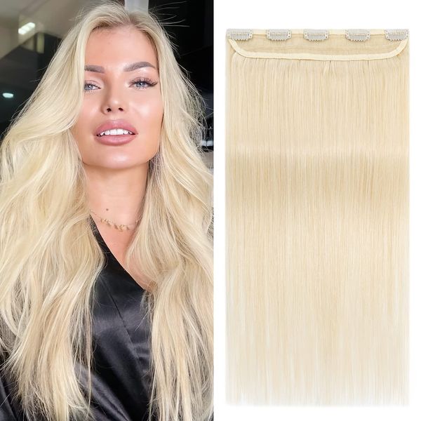 Benehair Clip in Human Hair Extensions, Natural Real Hair Clip in, 20Inches 50g Hair Extensions Clip In, One Piece 5 Clips Human Hair Extension with Clip for Women Platinum Blonde #60