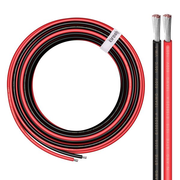 10 Gauge Wire - iGreely 30 FT Red & 30 FT Black 10 Gauge Tinned Copper Electrical Wire Cable for Solar Panel Car Audio Automotive Trailer Marine Harness Wiring 10AWG 30Ft