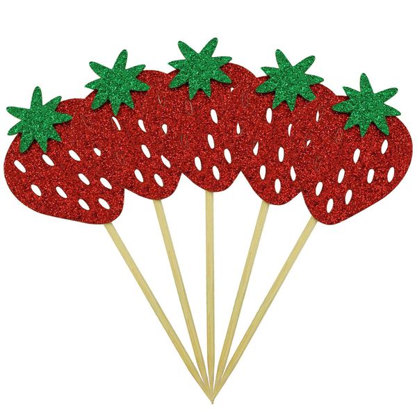 XGNG 50PCS Strawberry Cupcake Toppers Glitter Birthday Strawberry Cupcake Picks Cupcake Decorations or Fruit Baby Shower Kids Birthday Summer Berry Cupcake Decorations Party Supplies