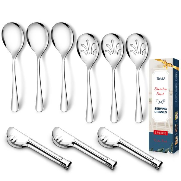 Stainless Steel Metal Serving Utensils - Large Set of 9-10" Serving Spoons, 10" Slotted Spoons, and 9" Serving Tongs by Teivio (Silver)