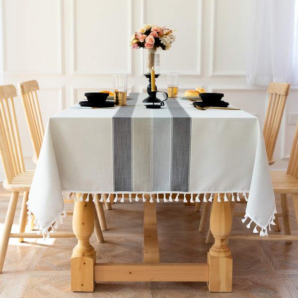 Dremisland Washable Stitching Tassel Table Cloth Cotton Linen Tablecloth Rectangular Dust-Proof Table Cover with Fringe for Kitchen Dinning Tabletop Buffet Decoration (Grey, 140x180cm)