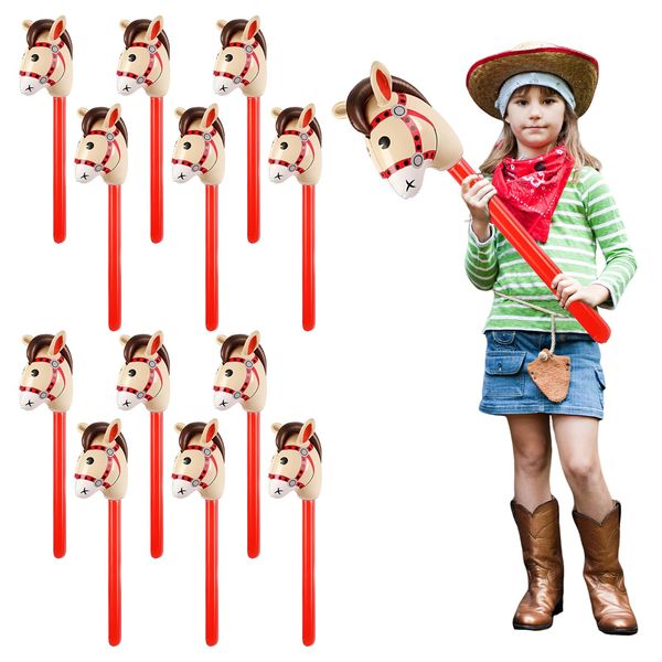 12 Pcs Inflatable Stick Horse, KUAOOAUK Inflatable Horsehead Stick Balloon, Cute 37 Inches Horse Stick for Kids Horse Birthday Decorations Christmas Cowgirl Cowboy Party Supplies