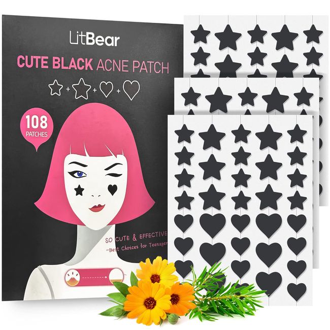 LitBear Acne Patch Pimple Patch, Black Star & Heart Shaped Acne Absorbing Cover Patch, Hydrocolloid Acne Patches For Face Zit Patch Pimple Sticker Acne Dots, Tea Tree Oil + Centella (108 Count)