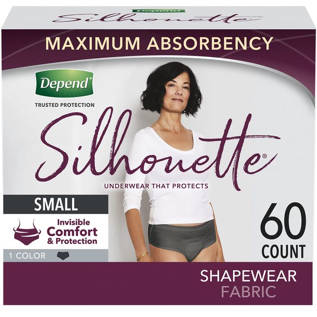 Depend Silhouette Adult Incontinence and Postpartum Underwear for Women, Small (26–34" Waist), Maximum Absorbency, Black, 60 Count (2 Packs of 30)