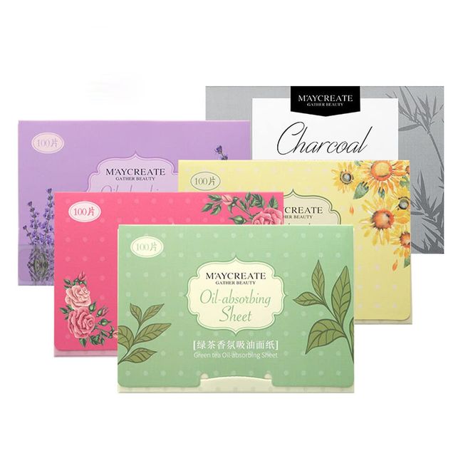 Oil Blotting Paper Natural Plant Makeup Oil Control Paper 5 Pack Set (100 Sheets x 5 Books) Portable Makeup for Men and Women (Mixed Scent)