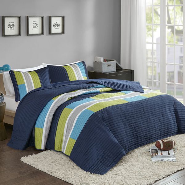 Comfort Spaces CS14-0861 2 Piece Quilt Coverlet Bedspread All Season Lightweight Hypoallergenic Pipeline Colorblock Kids Bedding Set, Twin/Twin XL, Pierre Navy/Blue Stripe