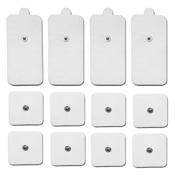 CareforYou 12 Piece Electrode Pads Tens Electrodes Snap on 3.5mm for TENS/EMS Digital Therapy Machine Muscle Stimulator Pain Relief Massager - 8X 2 Square + 4X 2" x 4" Rectangular Massage Pads