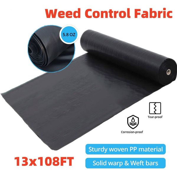 5.8OZ 13x108FT Weed Control Barrier Landscape Fabric Woven Ground Cover Weed Mat