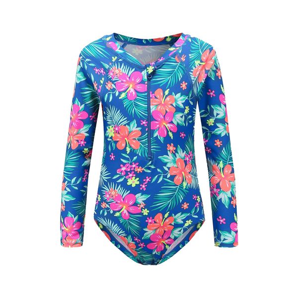 OFIMAN Girls Swimming Costume One Piece Swimsuits Kids Swimwear Long Sleeve Bathing Suit Rash Guard Beach Wear (Hawaiian Floral, 3-4T)