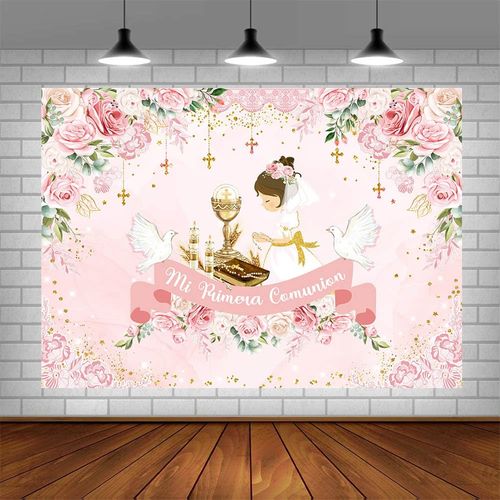 AIBIIN 7x5ft Mi Primera Comunion Backdrop for Girls Baptism First Holy Communion Baby Shower Party Decorations Pink Floral Christening God Bless Chalice Doves Baby Shower Photography Background