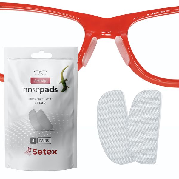 Setex Gecko Grip Glasses Nose Pads (5 Clear Pairs) - Anti-Slip Nose Pads for Glasses, USA Made, Micro-Structured Fibers, Ultra-Strong Grip and Ultra-Soft, Self Stick Adhesive, 1 x 7 x 16 mm