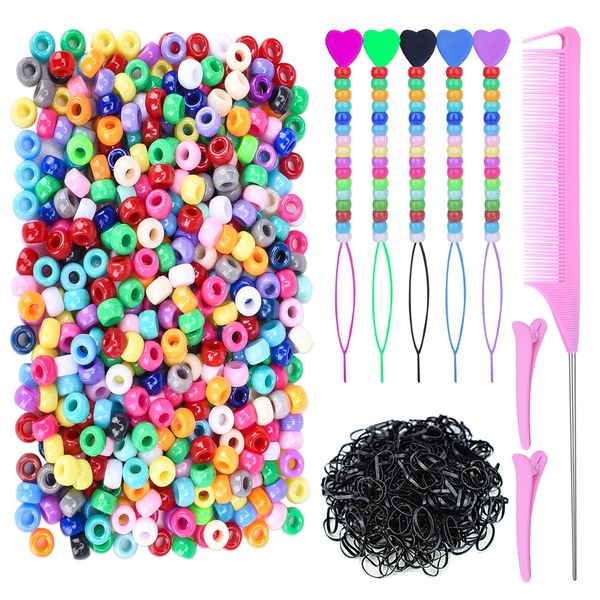 1008 Pcs Hair Beads Kit for Girls and Kids Hair Braids, 500Pcs 9x6mm Pony Beads, 500Pcs Mini Elastic Rubber Bands, 5Pcs Quick Beaders, 1Pcs Rattail Comb and 2Pcs Duckbill Clips