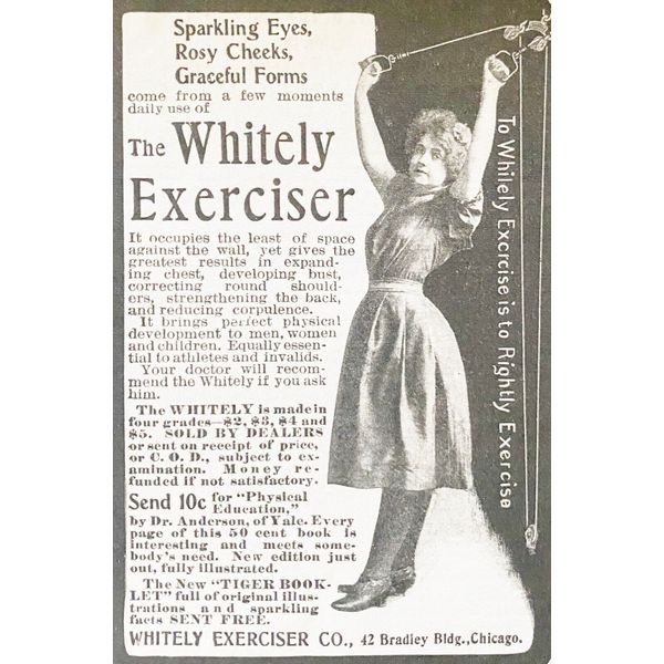 c1900 WHITELY EXERCISER Women's Health Vtg Print Ad~Weight Lifting Pulley System