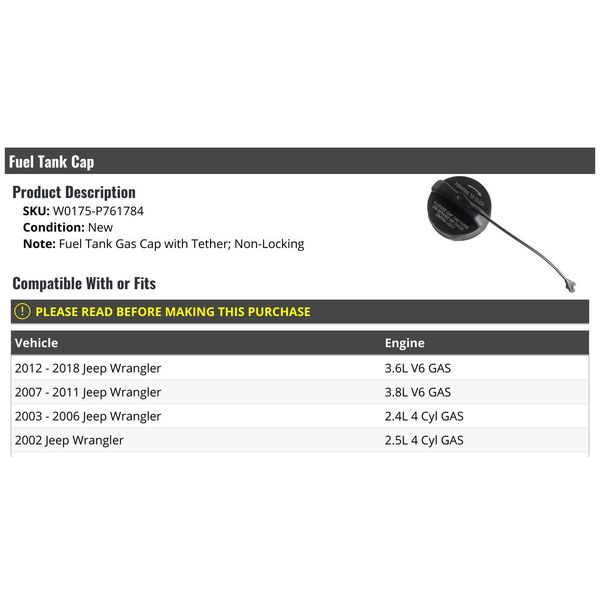 Fuel Tank Cap with Tether - Compatible with 2001-2018 Jeep Wrangler
