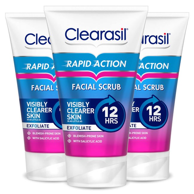 Clearasil Rapid Action Exfoliating Scrub, For Acne Prone Skin, Unclog Pores, Reduces Blackheads, Pimples & Excess Oil, Everyday Spots Prevention, Pack Of 3 x 125 ml