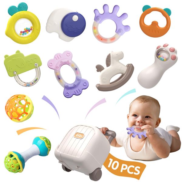 ESOLOM Baby Toys 0-3-6 Months, Baby Teething Toys for 3-6 Months, Infant Baby Teething Toys 0-6 Months, 10 PCS Baby Rattles Newborn Sensory Toys with Storage Box for Babies 0-3-6-12 Months