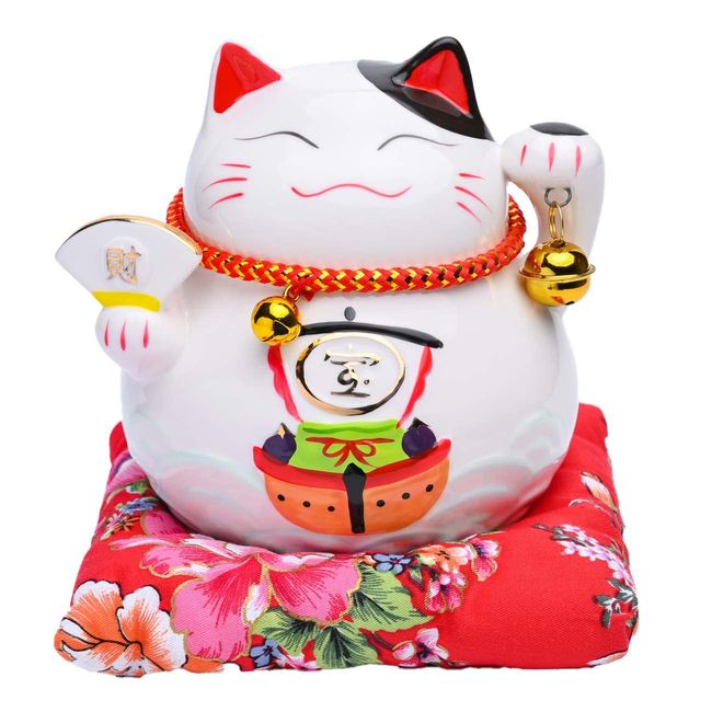 Kaiyun Lotto Treasure Ship Lucky Cat (Medium), Coin Bank, 2 Bells, Super Fluffy Zabuton, Includes Wallet Protection for Increased Luck and Interior Saving Bank