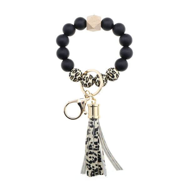 EMSea Keychain with Beaded Bracelet & Leather Tassel Creative Key Holder Portable Wristlet Bangle Chain Small Surprise Present Key Accessories Leopard