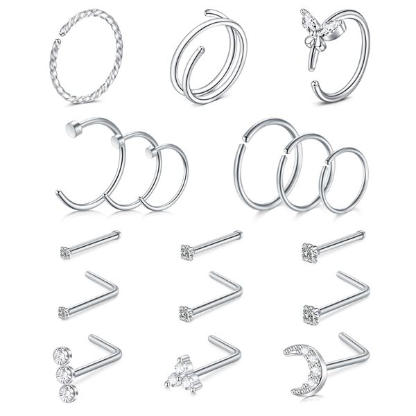 JFORYOU 20G Nose Rings Hoops Studs Surgical Steel Nose Ring Screw L Shaped Nose Studs Cartilage Earrings Septum Tragus Piercing Jewelry for Women Men, 18Pcs Silver