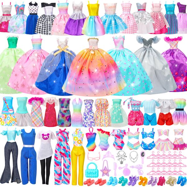 Style Shine 52 Pcs Doll Clothes and Accessories,2 Wedding Gowns 6 Fashion Dresses 2 Set Casual Outfits Top and Pant 2 Swimsuit,20 Hanger 10 Shoe 10 Accessories Toys for Girls Kids Birthday Gift