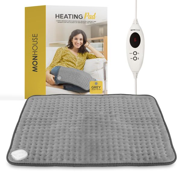 MONHOUSE Electric Heating Pad with Automatic Switch Off, Skin-Friendly Fleece - Machine Washable - for Back Neck Shoulder Pain Relief - Fast Heating Technology with 6 Heat Settings - 60x50 cm