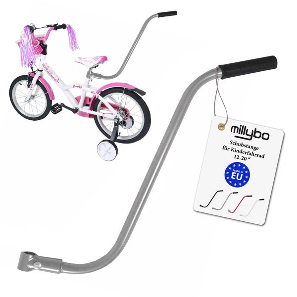 millybo UNIVERSELLE Schubstange für Kinderfahrrad Schiebestange Lernhilfe (Silber)